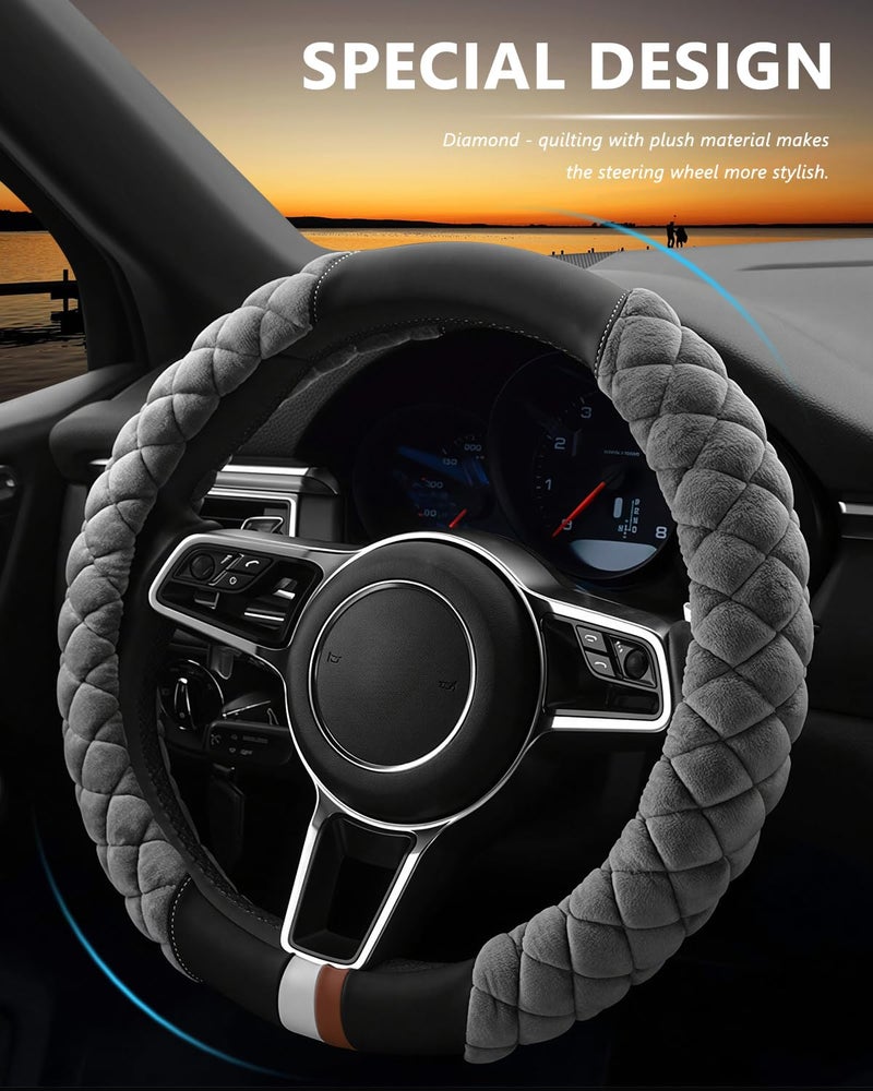 Cxtiy Fluffy Steering Wheel Cover Women Men Plush Steering Wheel Warmer for Winter Soft Fuzzy Luxury Car Accessories (A-Gray) - Image 3